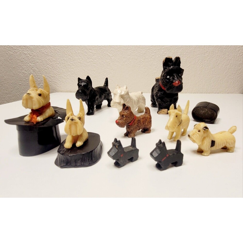VINTAGE Scottie Dog LOT 10 Piece - Scottish Terrier - Celluloid Wood Syroco